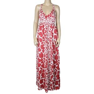 Max Azria Red White Strappy Ruched Maxi Sun Dress